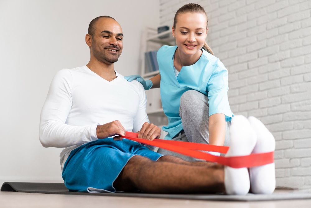 man-and-female-physiotherapist-doing-exercises-with-elastic-band