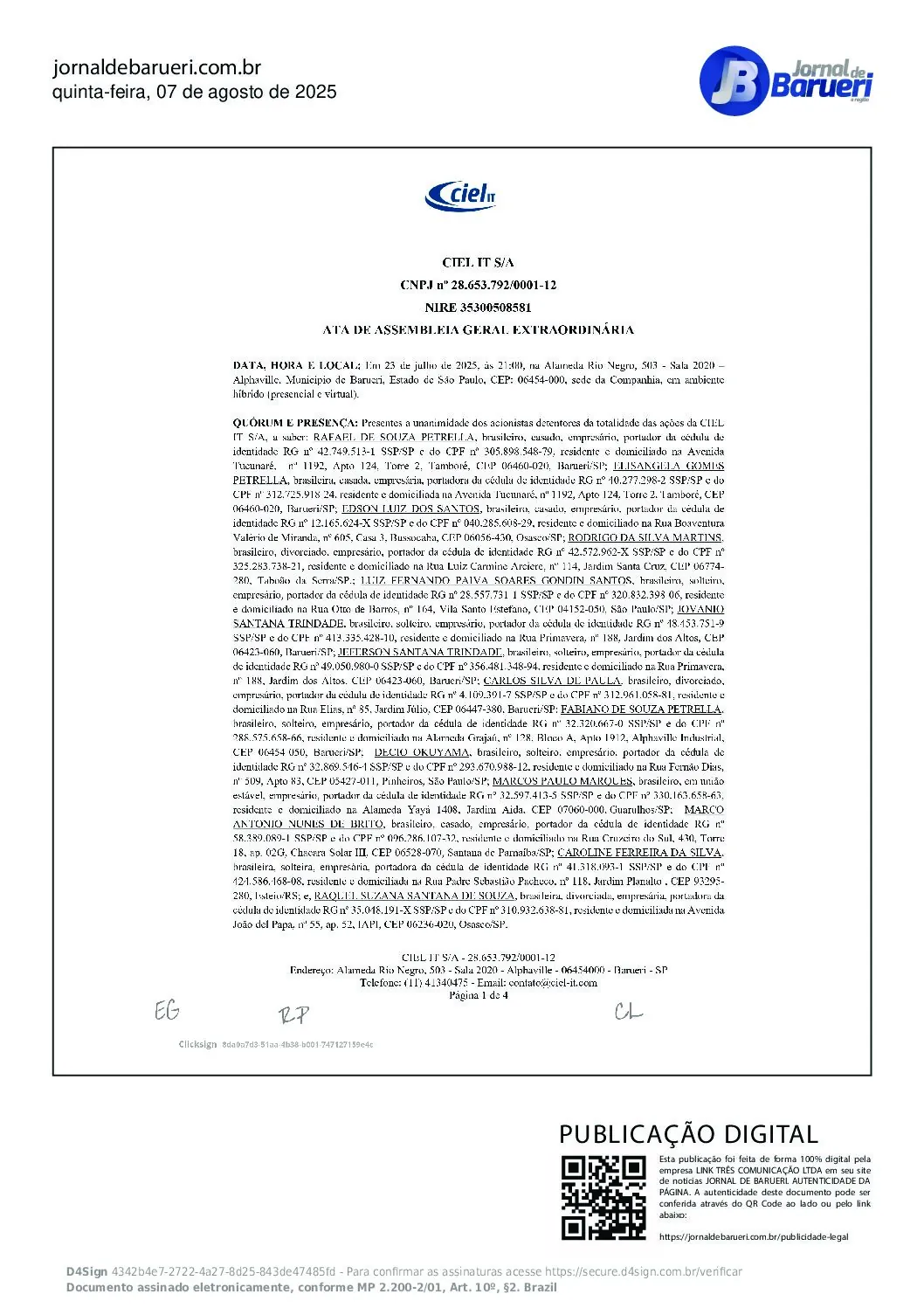 Ata de Assembleia Geral Extraordinaria realizada em 23 de julho de 2025 – CIEL IT S.A.