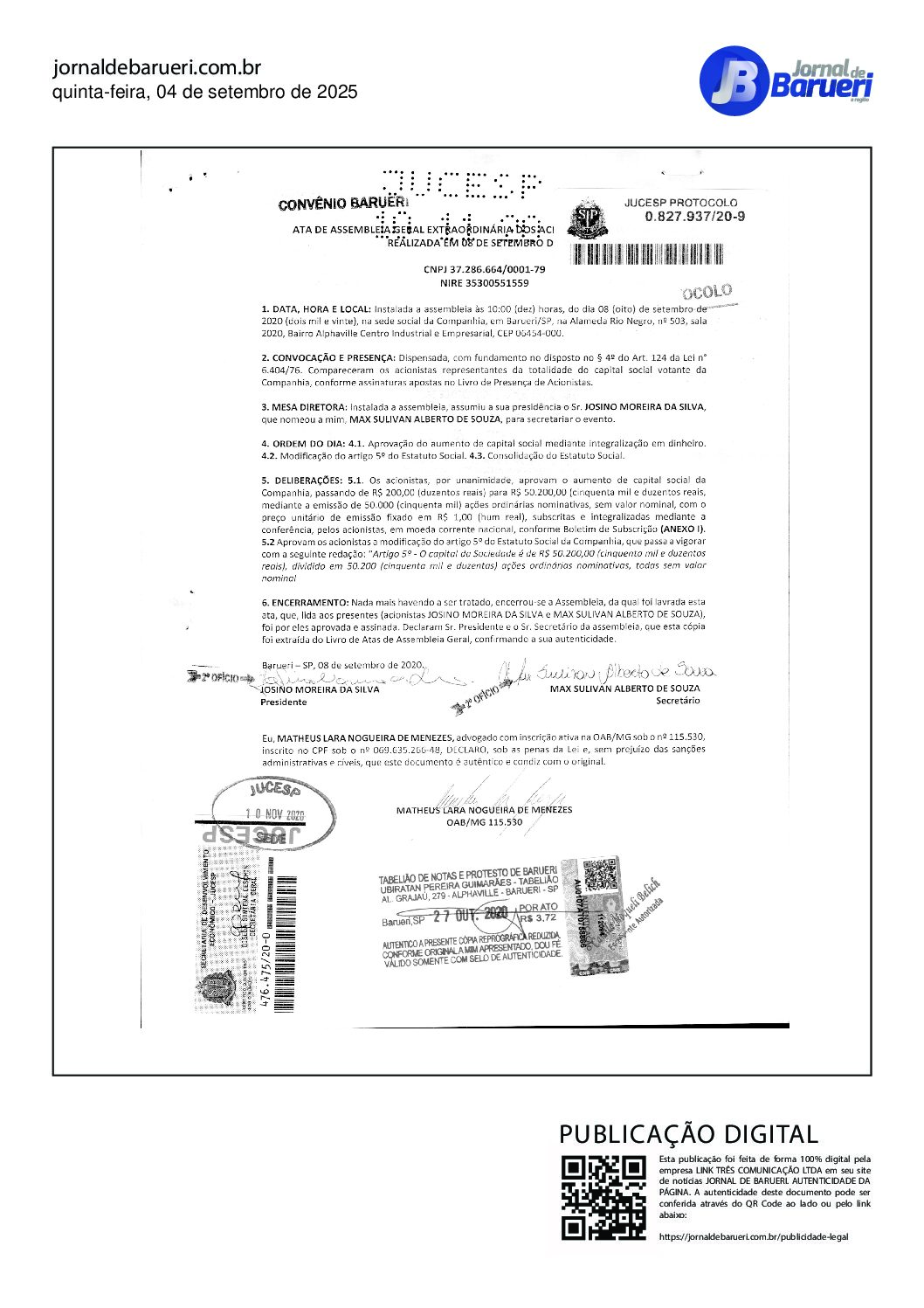 Estatuto Capital da Sede alterado – WEBFAR S/A