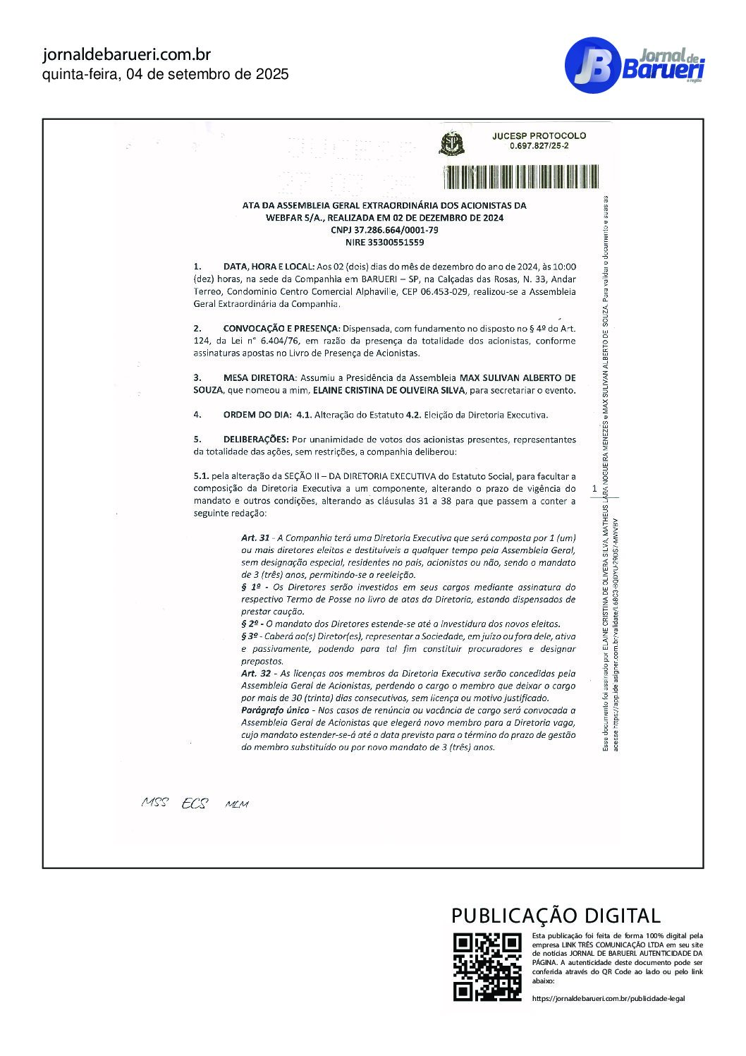 Estatuto Eleição da Diretoria Executiva – WEBFAR S/A