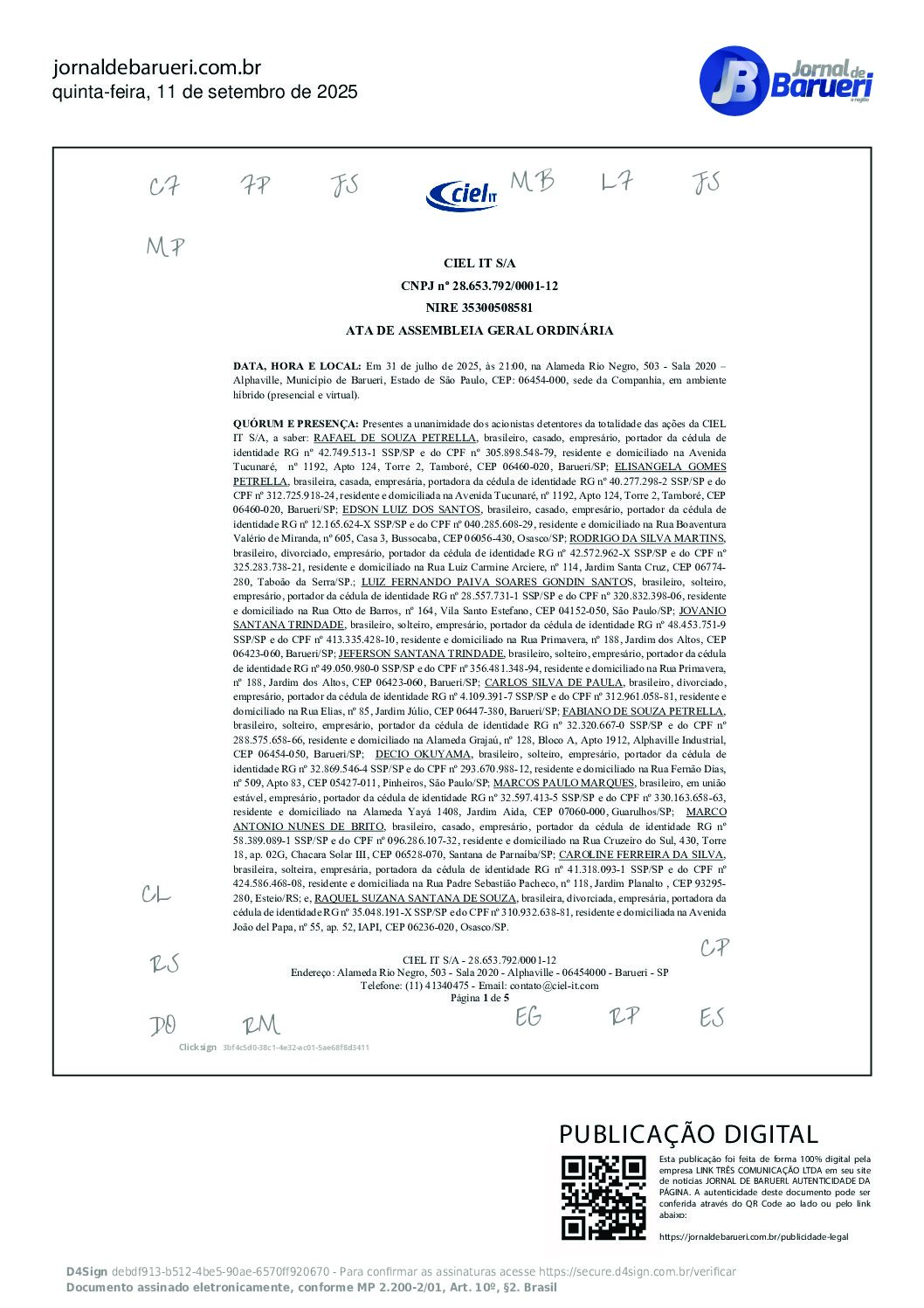 Ata da Assembleia Ordinária realizada em 31 de julho de 2025