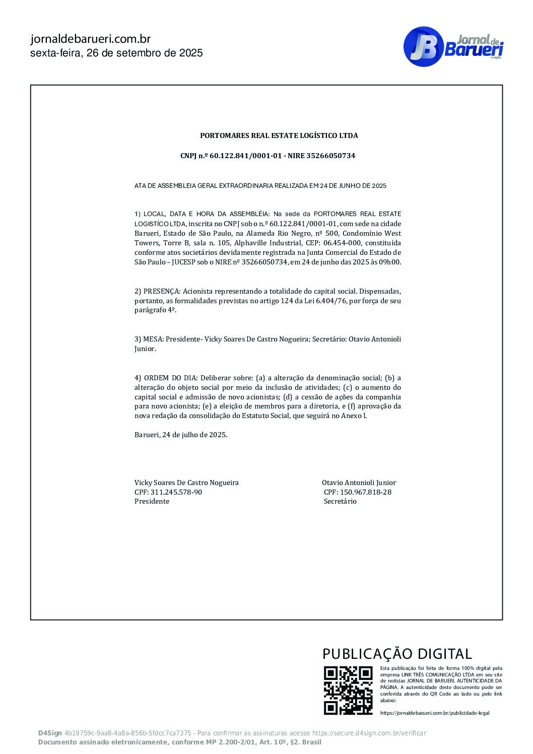 Ata de Assembleia Geral Extraordinária realizada em 24 de junho de 2025 – Portomares Real Estate Logístico Ltda