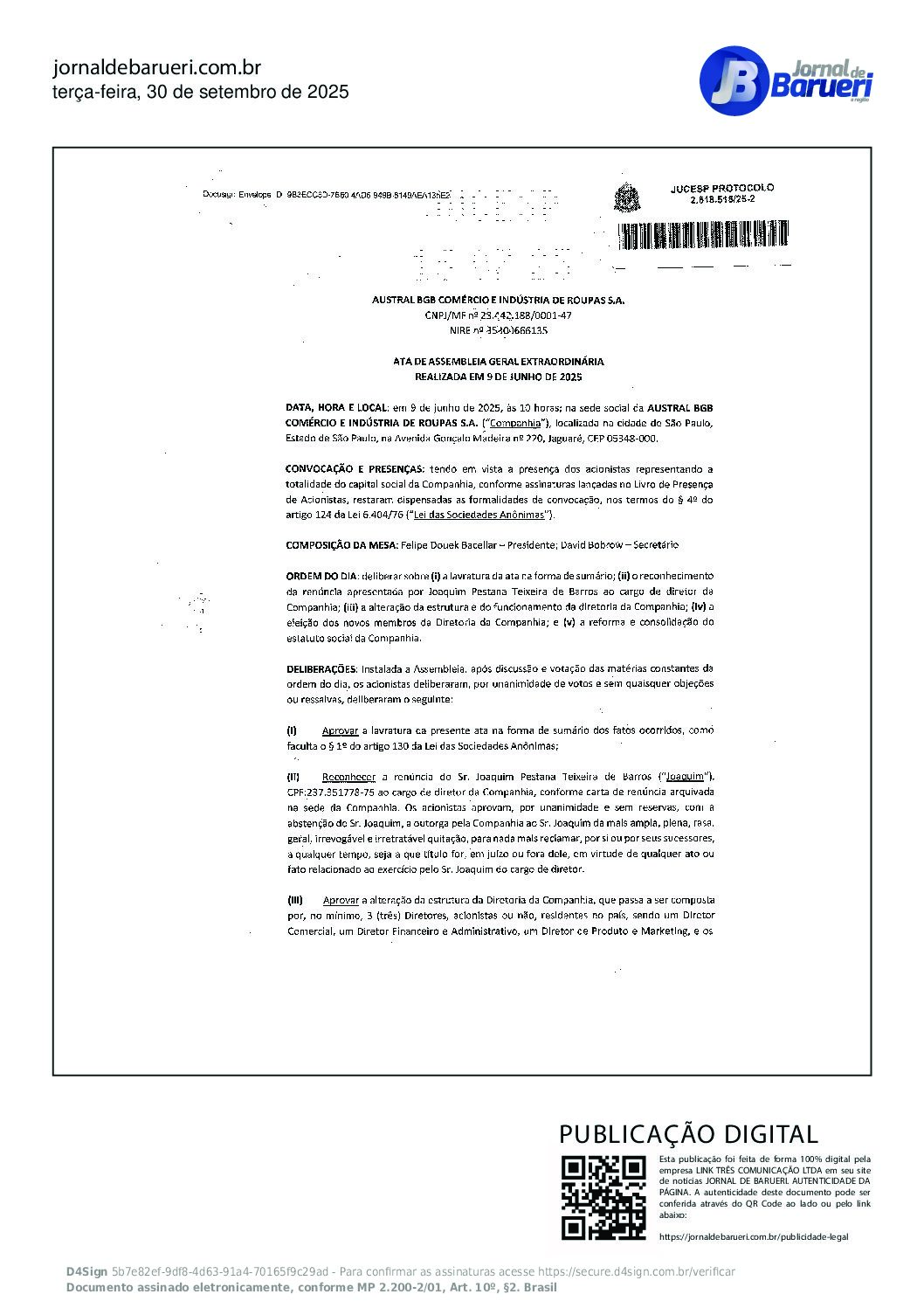 Austral BGB Comércio e Indústria de Roupas S.A. – Ata de Assembleia Geral Extraordinária – 09/06/2025