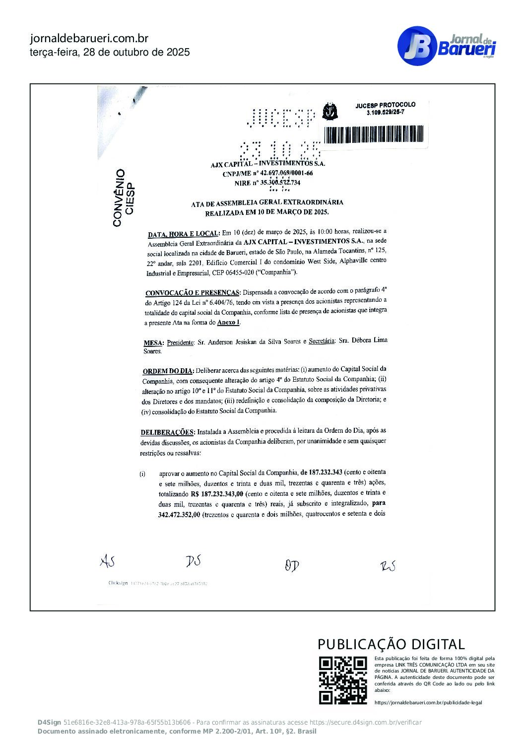 AJX CAPITAL – INVESTIMENTOS S.A. – Assembleia Geral Extraordinária