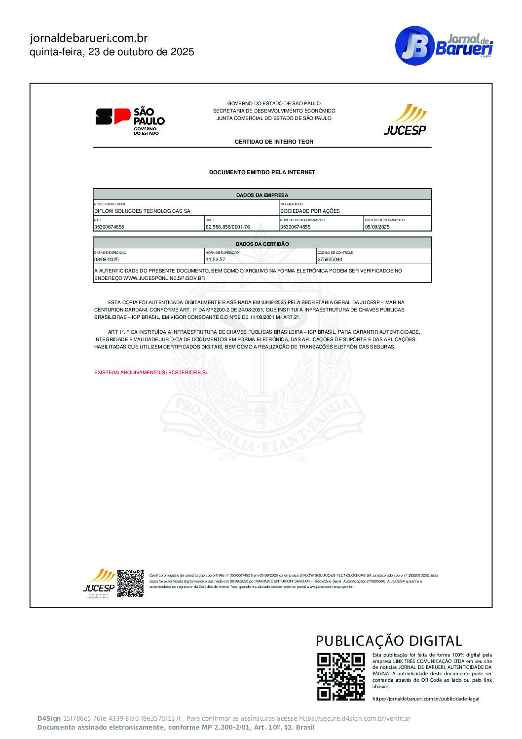 Certidão de inteiro teor – DIFLOW SOLUCOES TECNOLOGICAS S.A.
