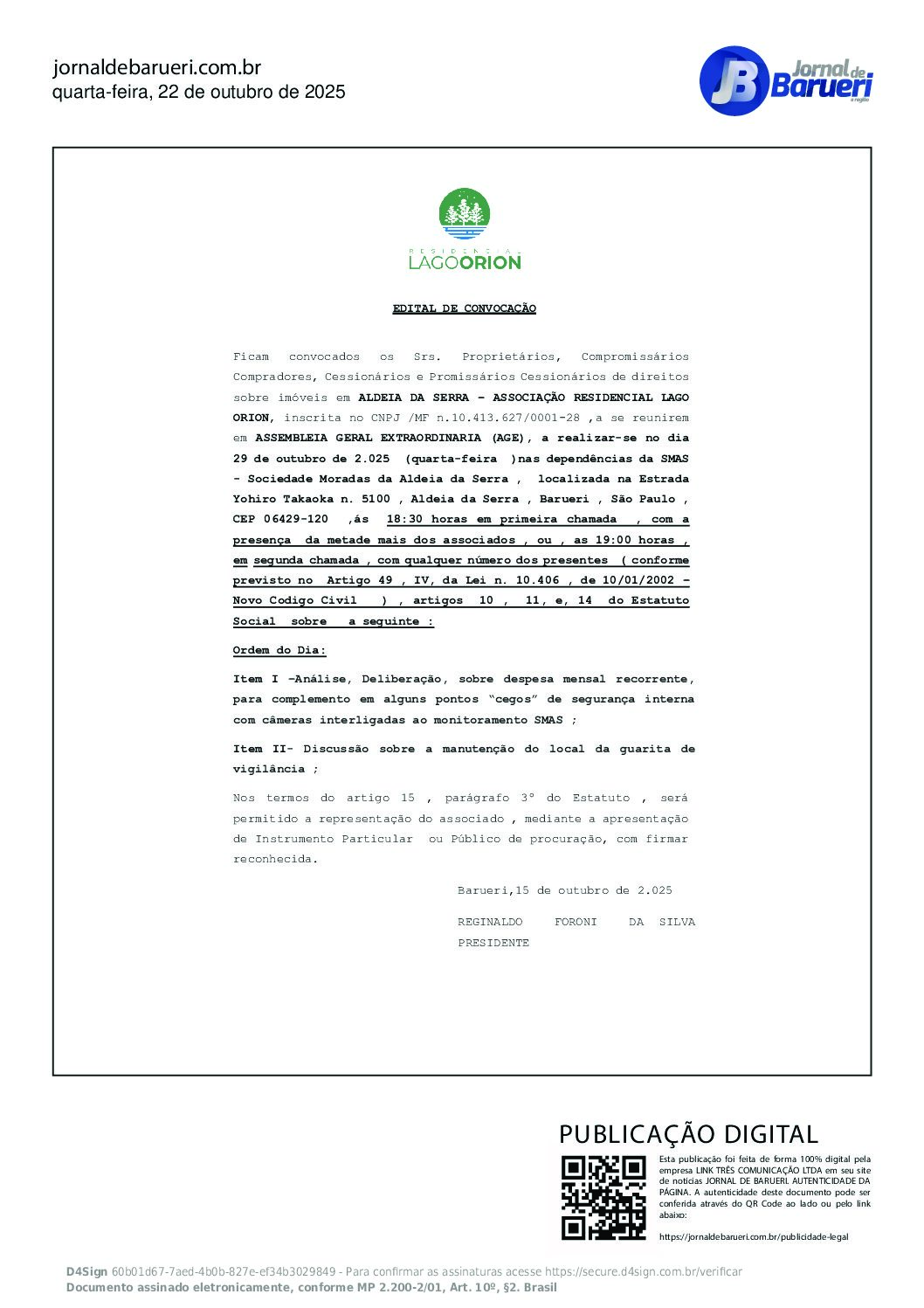 EDITAL DE CONVOCAÇÃO 29/10/2025 – Residencial Lago Orion