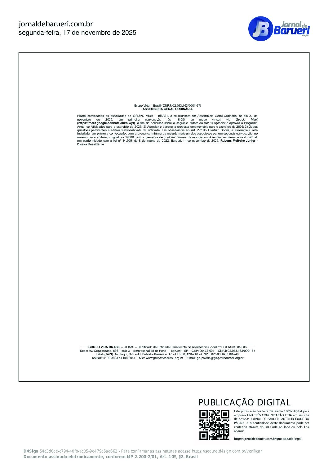 Assembleia Geral Ordinária – Grupo Vida – Brasil