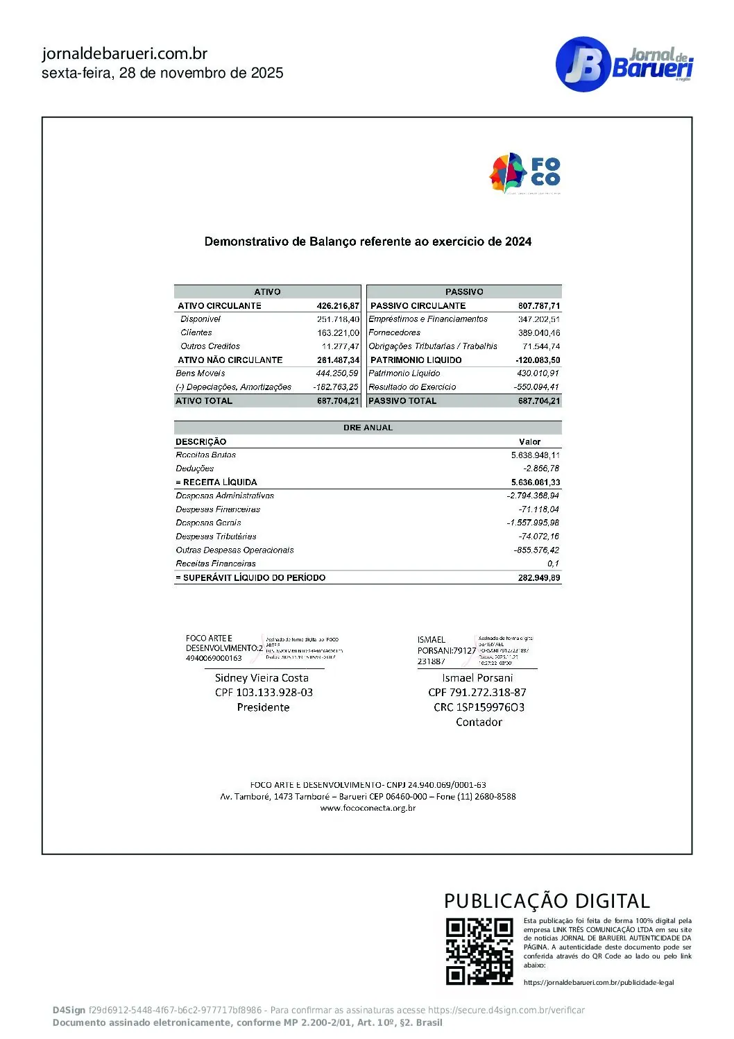 Foco Arte e Desenvolvimento – Demonstrativo de Balanço do Exercício de 2024
