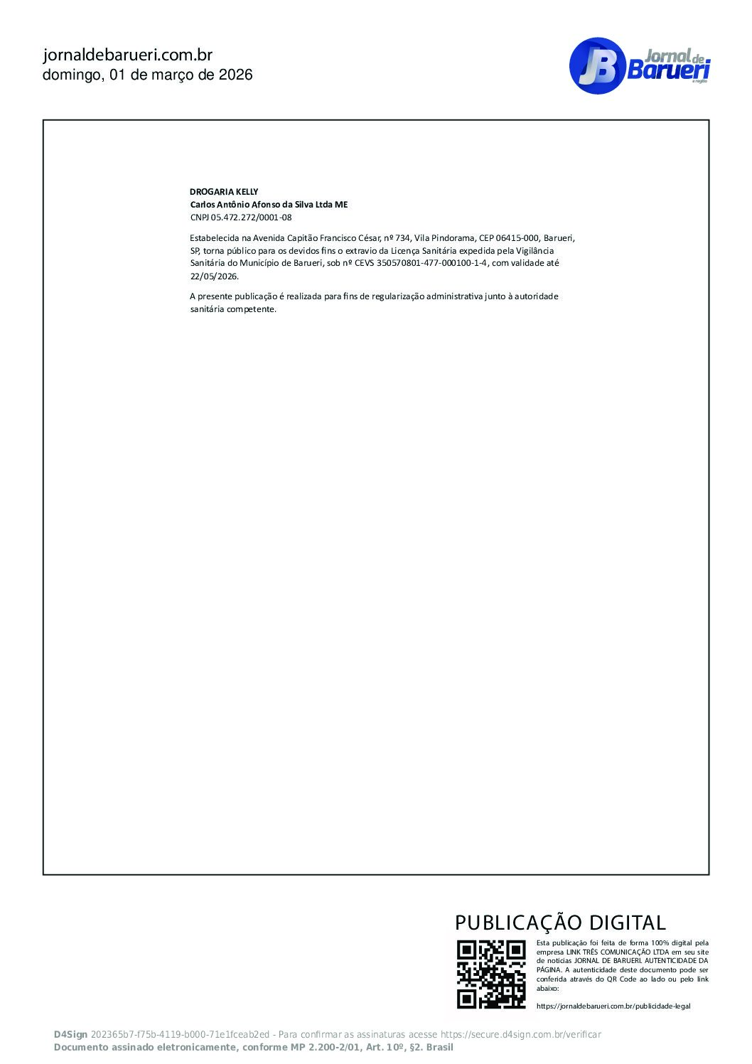 Extravio de Licença Sanitária – Drogaria Kelly – 01/03/2026