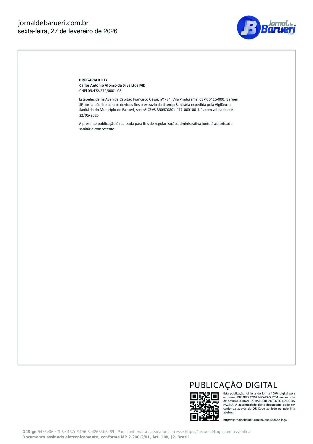Extravio de Licença Sanitária – Drogaria Kelly – 27/02/2026