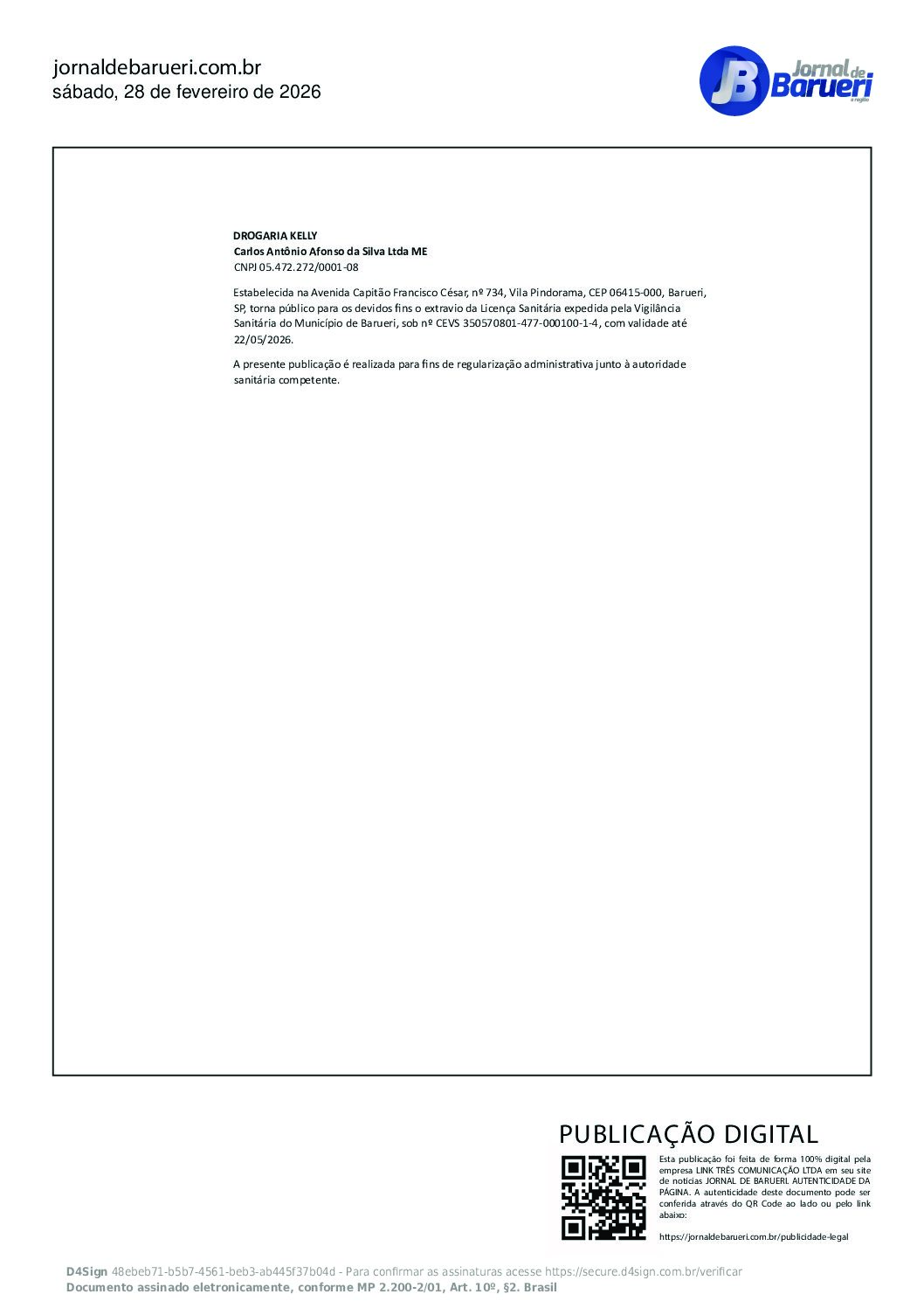 Extravio de Licença Sanitária – Drogaria Kelly – 28/02/2026