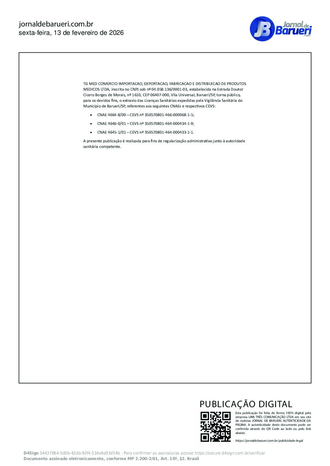 Extravio de Licenças Sanitárias (CEVS) – TG MED Comércio Importação, Exportação, Fabricação e Distribuição de Produtos Médicos Ltda – 13/02/2026